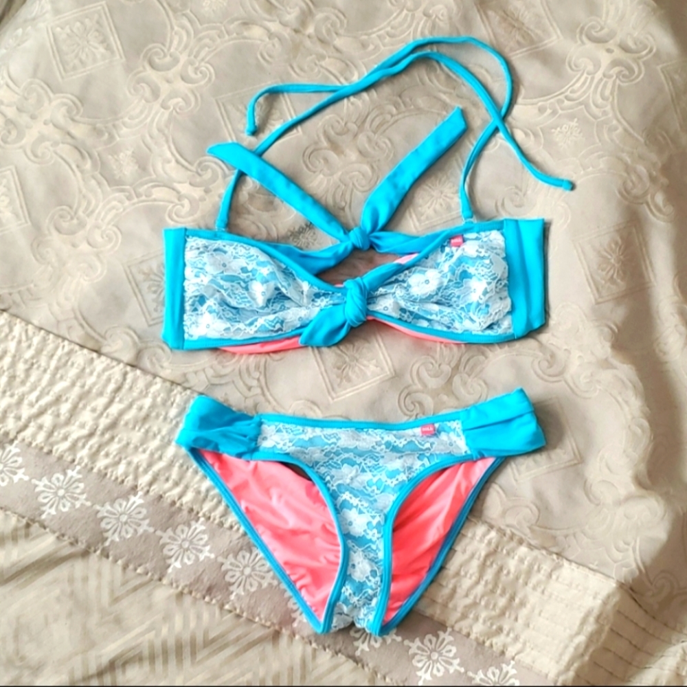 Bikini with lace overlay and scrunch bum